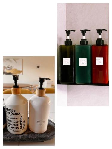 two bottles of detergents sitting next to each other at Raven's Peak 105 - Ultra luxe Mountain Retreat in Canmore
