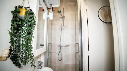 une salle de bain avec une douche avec des toilettes et un lavabo dans l'établissement Cozy Charming Studio with breathtaking view, à Paris