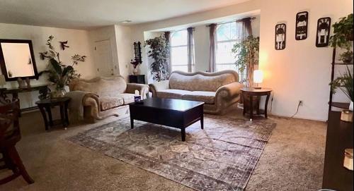 a living room with two couches and a coffee table at Sequoia vacation home in Baker and Hall Airport
