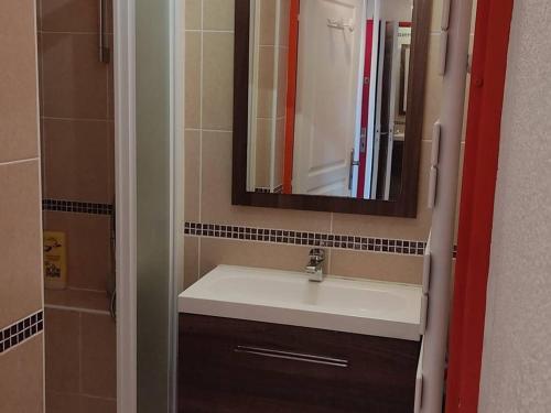 une salle de bain avec un lavabo et un miroir dans l'établissement Appartement calme au Cap d'Agde pour 5 personnes, proche plage - FR-1-749-100, au Cap d'Agde