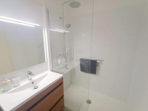 une salle de bain blanche avec un lavabo et une douche dans l'établissement Canet-en-Roussillon - T3 lumineux 6 pers avec grande terrasse face mer - FR-1-794-97, à Canet