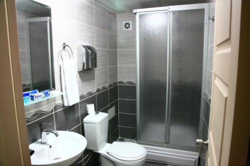 a bathroom with a shower and a toilet and a sink at Bade Otel in Istanbul