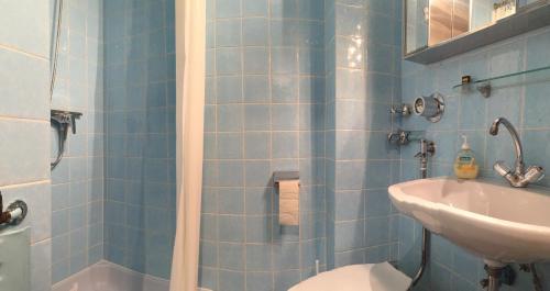ミュンヘンにあるQuiet Oasis Universities/Arts Districtの青いタイル張りのバスルーム(洗面台、トイレ付)