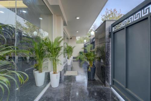 a hallway with potted plants in a building at The Lodgers 1 BHK Serviced Apartments Near Artemis Hospital Sector 52 in Gurgaon