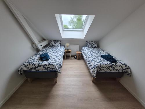 une chambre mansardée avec deux lits et une fenêtre dans l'établissement Gîte des Petits Prés, à La Neuville-aux-Joûtes