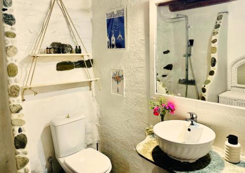 a bathroom with a white toilet and a sink at Kotseli - Sea View, Pool, Sunsets in Andros