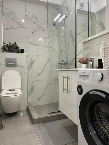 a bathroom with a toilet and a glass shower at Blue Breeze Apart-Danai B in Ofrínion