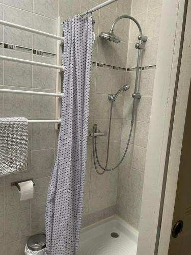 une douche avec un rideau de douche dans une salle de bain dans l'établissement Duplex du 7, à Bouzigues