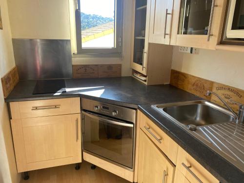 une cuisine avec un évier et une cuisinière dans l'établissement Le Domaine du Préconil, à Sainte-Maxime