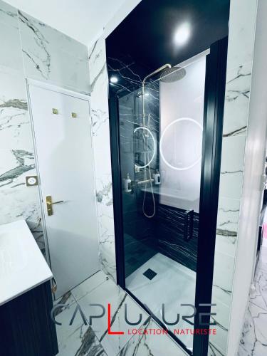 une salle de bain avec une douche avec une porte vitrée dans l'établissement CAPLUXURE - Port nature 8 - village naturiste Cap d Agde, au Cap d'Agde