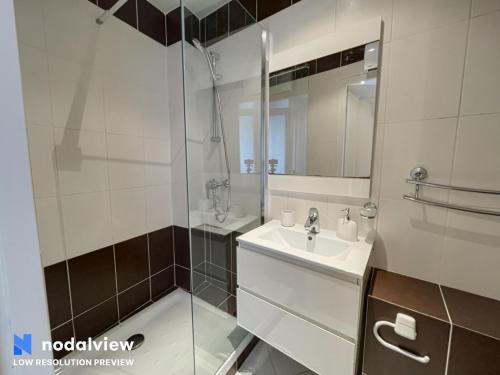 une salle de bain avec un lavabo et une douche en verre dans l'établissement Studio - air conditioning - Juan-les-Pins city center, à Antibes