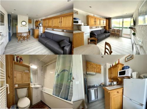 trois photos d'une cuisine et d'un salon dans l'établissement Les Myrtilles, à Arette