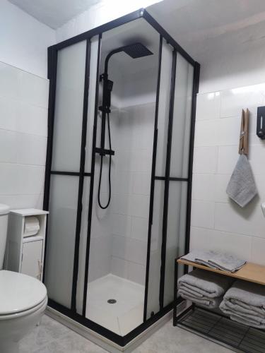 a shower with a glass door in a bathroom at La Casita de Cullera in Cullera