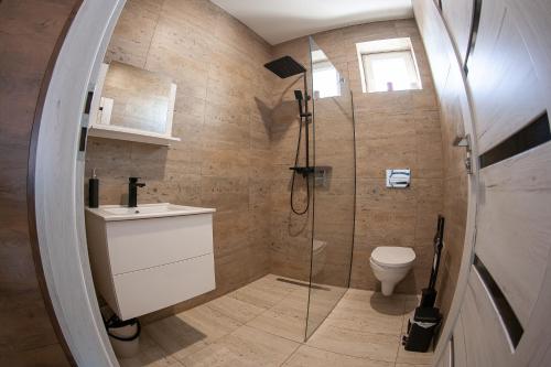 a bathroom with a shower and a sink and a toilet at Bárka Vendégház Aggtelek in Aggtelek