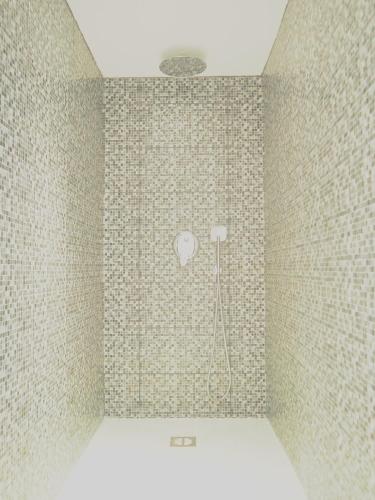 La salle de bains est pourvue d'une douche et d'un mur en carrelage. dans l'établissement Ancienne Maison de Campagne, à Grans