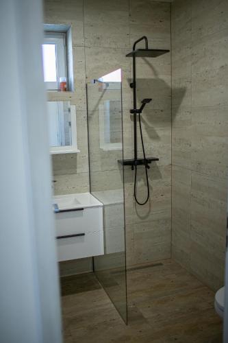 a bathroom with a shower with a glass door at Bárka Vendégház Aggtelek in Aggtelek