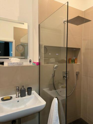 a bathroom with a sink and a shower at Elisas Appartment in Korntal-Münchingen