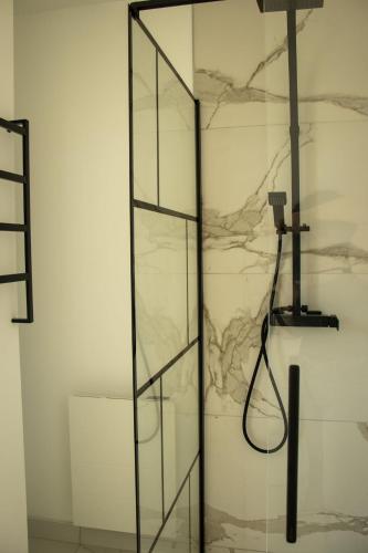 une cabine de douche en verre avec un tuyau sur un mur dans l'établissement Suite Isidore - 2 pers Esprit cabane urbaine, à Charleville-Mézières