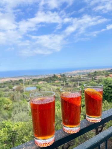three wine glasses sitting on a rail with a view at Casa Agrumeto in Nunziata in Nunziata