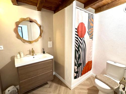 une salle de bain avec un lavabo et un miroir et des toilettes dans l'établissement Maison rénovée avec Clim et loggia - arles centre, à Arles