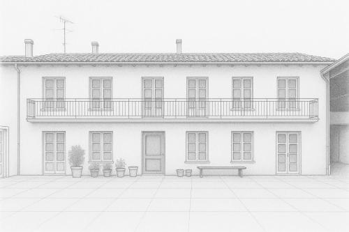 a black and white drawing of a white house with a bench at Tenuta Nissole in Rocchetta Tanaro