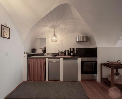 une cuisine avec un plafond voûté dans une pièce dans l'établissement Former Sheepfold With Natural Shared Pool In Drôme, à Puy-Saint-Martin