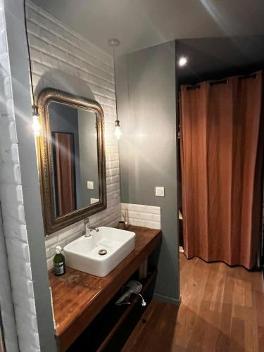 une salle de bain avec un lavabo et un miroir dans l'établissement Former Sheepfold With Natural Shared Pool In Drôme, à Puy-Saint-Martin