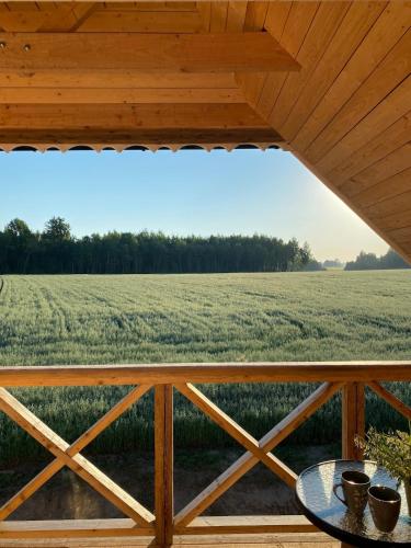 a view of a field from a porch with a table at Nomadic Homes holiday home with sauna in Ķevele