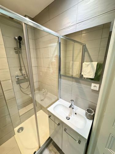 une salle de bain avec un lavabo et une douche dans l'établissement Nice Apt - City Center, Wifi, AC, 5-6 Pers, à Nice