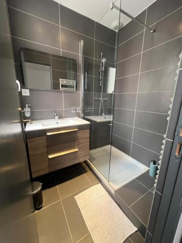 une salle de bain avec une douche, un lavabo et un miroir dans l'établissement Appartement Cannes 3P, terrasse, garage, à Cannes