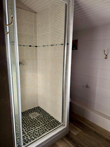 une douche avec une porte vitrée dans une salle de bain dans l'établissement Domaine de la Hargue, à Manciet