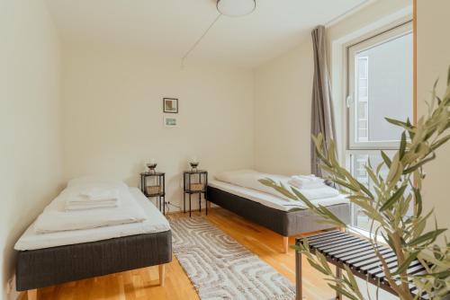 two beds in a room with a potted plant at 3 BR Apartment with Balcony, Sea View and Parking in Tórshavn