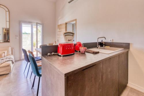 a kitchen with a counter with a red appliance on it at VILLA Isle sur la Sorgue in LʼIsle-sur-la-Sorgue