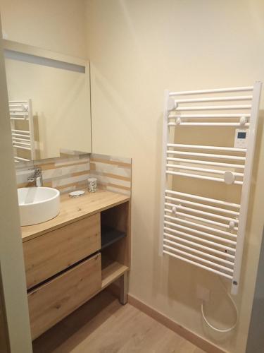 a bathroom with a sink and a mirror at Gîte de la marmotte in Chevaline