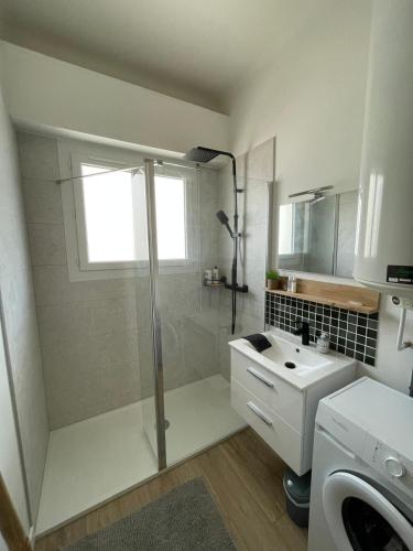 une salle de bain avec douche et lavabo dans l'établissement Charmant T2 proche tramway et plages, à Nice