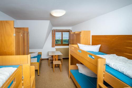 een kamer met 2 stapelbedden en een tafel bij Jugendherberge Schluchsee-Wolfsgrund in Schluchsee