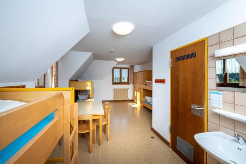 een kamer met een wastafel en een tafel en een badkamer bij Jugendherberge Schluchsee-Wolfsgrund in Schluchsee
