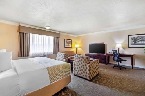 a hotel room with a bed and a desk and a television at Best Western PLUS Mirage Hotel and Resort in High Level