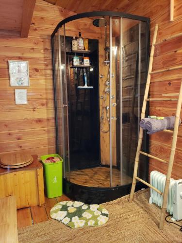 - une salle de bains pourvue d'une douche dans une cabane en rondins dans l'établissement La Yourte aux Bambous en Cévennes, à Saint-André-de-Majencoules