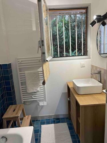une salle de bain avec un lavabo et une fenêtre dans l'établissement Appartement Saint-Raphael, à Saint-Raphaël