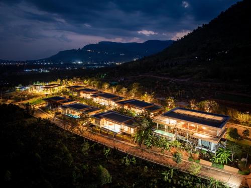 an aerial view of a resort at night at Amaya Kampot Homestays in Kampot