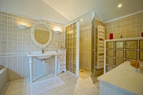 une salle de bain avec un lavabo, une douche et un miroir dans l'établissement Très belle villa avec piscine, à Biarritz