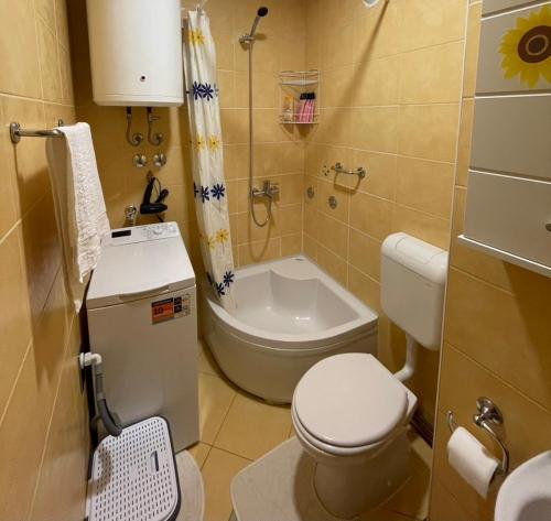 a small bathroom with a toilet and a sink at Apartment RENA - private parking in Sarajevo