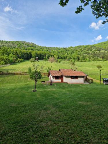 a house in the middle of a green field at Vikendica Kločanica in Strmosten