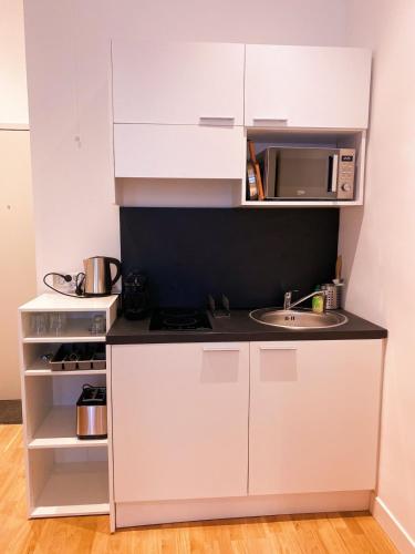 une cuisine blanche avec un évier et un micro-ondes dans l'établissement Le Petit Cordeliers Coeur de Lyon 2 pers, à Lyon