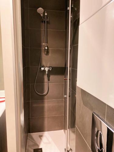 une salle de bain avec une douche avec pommeau de douche dans l'établissement Le Petit Cordeliers Coeur de Lyon 2 pers, à Lyon