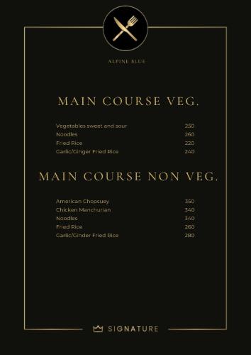 a menu for a main course veg restaurant at SaffronStays Alpine blue-6 bhk villa with private deck and valley views from each room in Shimla