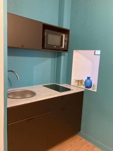 une cuisine avec un évier et un micro-ondes dans l'établissement T1 le Pastel Parking Netflix Wifi Gare, à Évreux