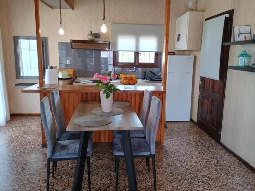 a kitchen with a table with chairs and a refrigerator at Joanna's House in Leímonas