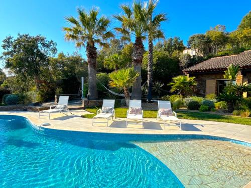 - une piscine bordée de chaises et de palmiers dans l'établissement Villa Bruyères, à Bormes-les-Mimosas